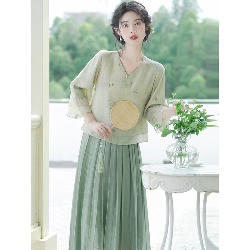 ชุดเดรสชา Xianqi ของผู้หญิงเสื้อเชิ้ตกี่เพ้าปรับปรุงชุดจีนโบราณฤดูร้อนสไตล์จีนชุดจีน