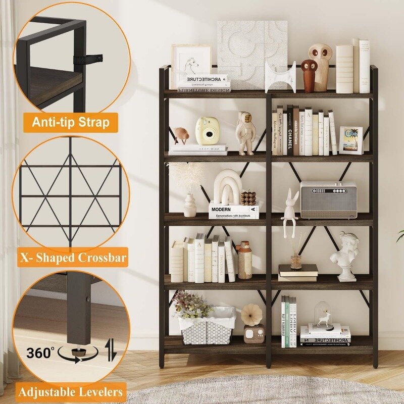 FATORRI Bookshelf, Industrial 5 Tier, Rustic Wood and Metal Bookcase, Tall Etagere Book Shelf  (Walnut Brown, 51 Inch Wide)