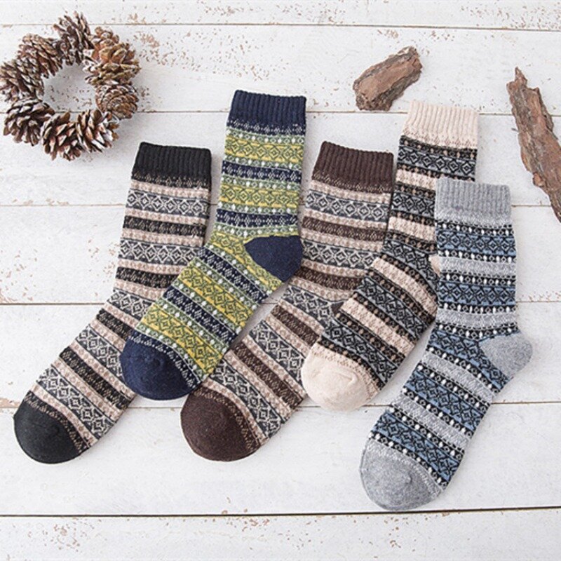 5 Pairs Lot Pack Men Socks Autumn Winter Snow Thickened Thermal Warm Folk-custom Retro Nordic Style Wool Socks Christmas Gift