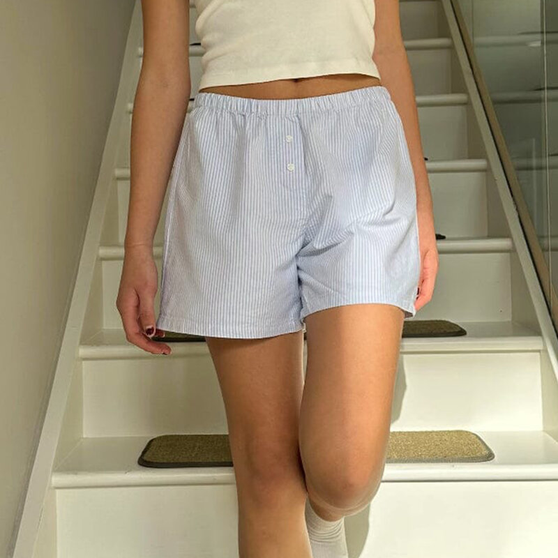 Calça feminina Y2K Kawaii retrô listrada, botão, elástico na cintura, calcinha curta casual, outwear de verão, boxers de rua, novo, 2022