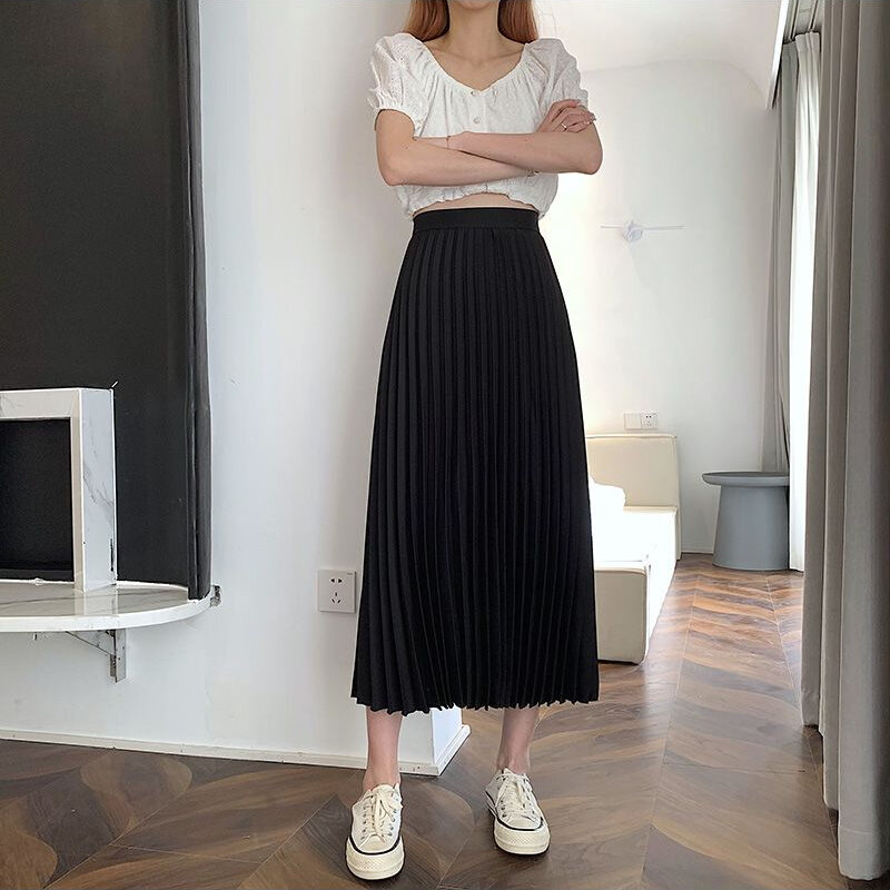 Skirts Women Ankle-length Solid Pleated High Waist Korean Fashion Spring Leisure A-line Fairycore Clean Fit Leisure All-match
