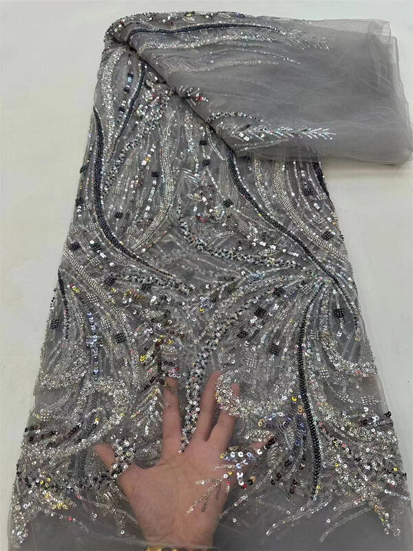 Tela de encaje de lentejuelas nigerianas, tejido de encaje con cuentas pesadas, cuentas francesas bordadas, lujo, boda, 2024