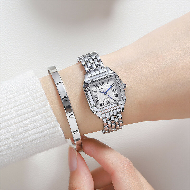 นาฬิกาสี่เหลี่ยมแฟชั่นของผู้หญิงสายโลหะผสมทอง2024หรูหรานาฬิกาข้อมือควอทซ์ผู้หญิงคุณภาพนาฬิกาโรมัน