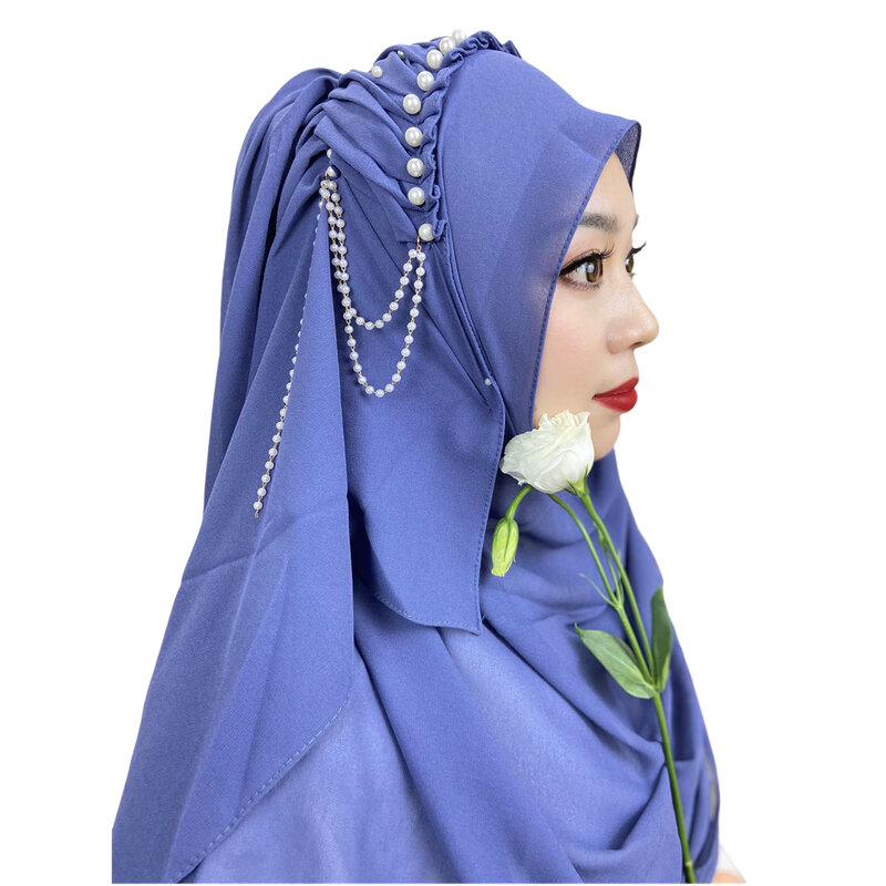 Muslim Women Shoulder Shawls Hijab Wrap Scarf Beading Tassel Long Scarf Chiffon Shawls Islam Clothing Solid Headscarf Wrap Head