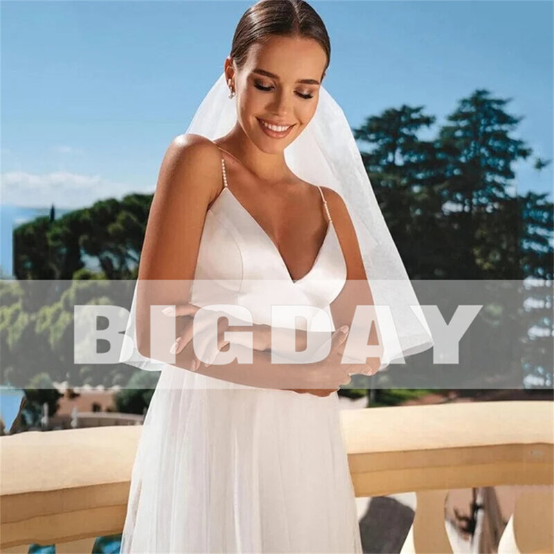 Elegant Short Wedding Dresses Women 2024 A-Line V-Neck Spaghetti Straps Open Back Tulle Bridal Gown Tea-Length Vestidos De Noiva