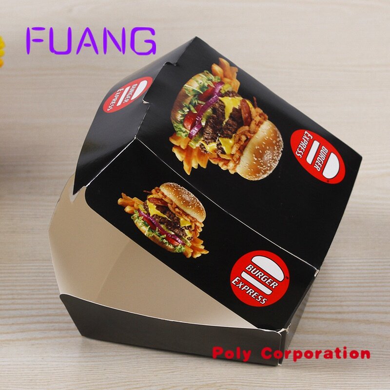 Custom impresso design mini papel kraft burger caixa tamanho preto clamshell papelão burger embalagem caixa