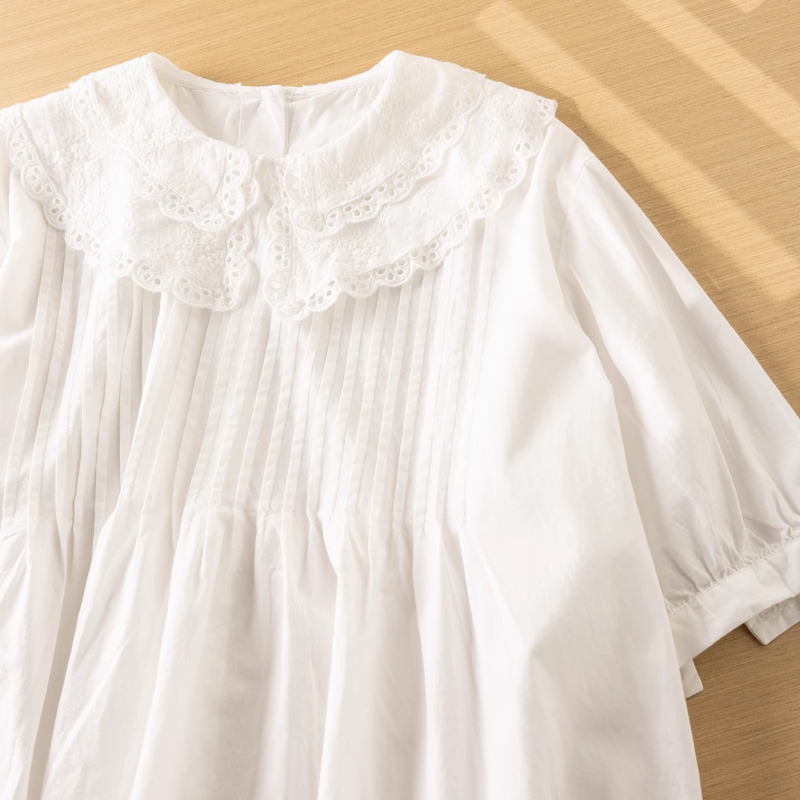 Blus katun wanita musim panas gaya Jepang lucu kerah renda manis kemeja putih pullover pakaian wanita 2024 keluaran baru