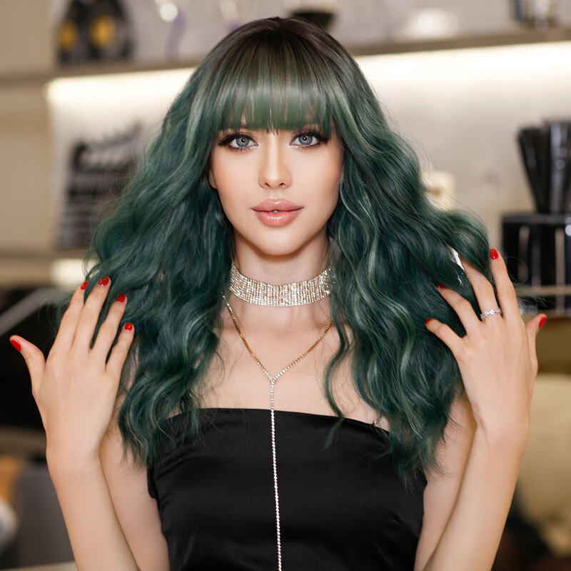 NAMM Ombre zielona peruka dla kobiet codzienna impreza Cosplay naturalna długie faliste syntetyczne peruki do włosów z grzywką włókno termoodporne