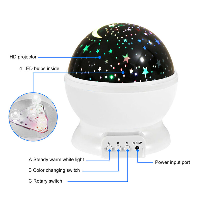 Star Moon Projector Night Light Starry Sky Projection Lamp Rotating Atmosphere Light Baby Sleeping Light USB Battery Powered