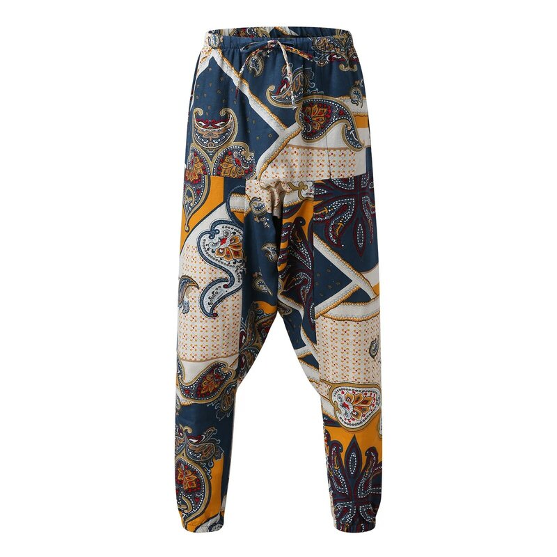 Mens Pants Ethnic Style Print Elastic Waist Hanging Crotch Pockets Trousers Drawstrings Vintage Hip Hop Harajuku Loose Bottoms