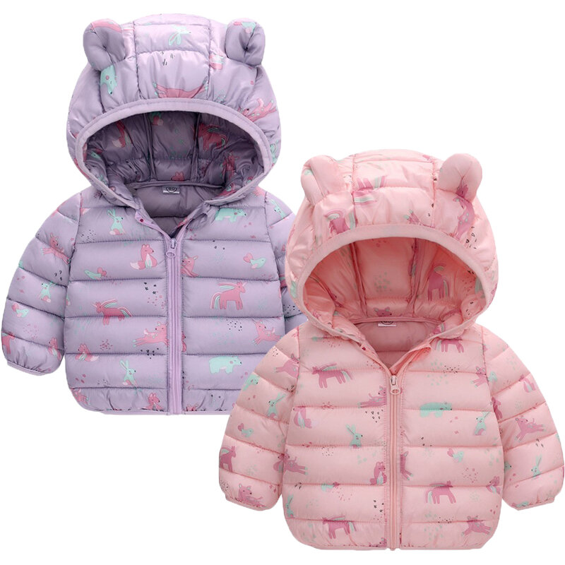 New Autumn Winter Unicorn Girls Jacket 2 Color Full Print Rabbit Bear Sika Deer Hooded Keep Warm Coat For Girl