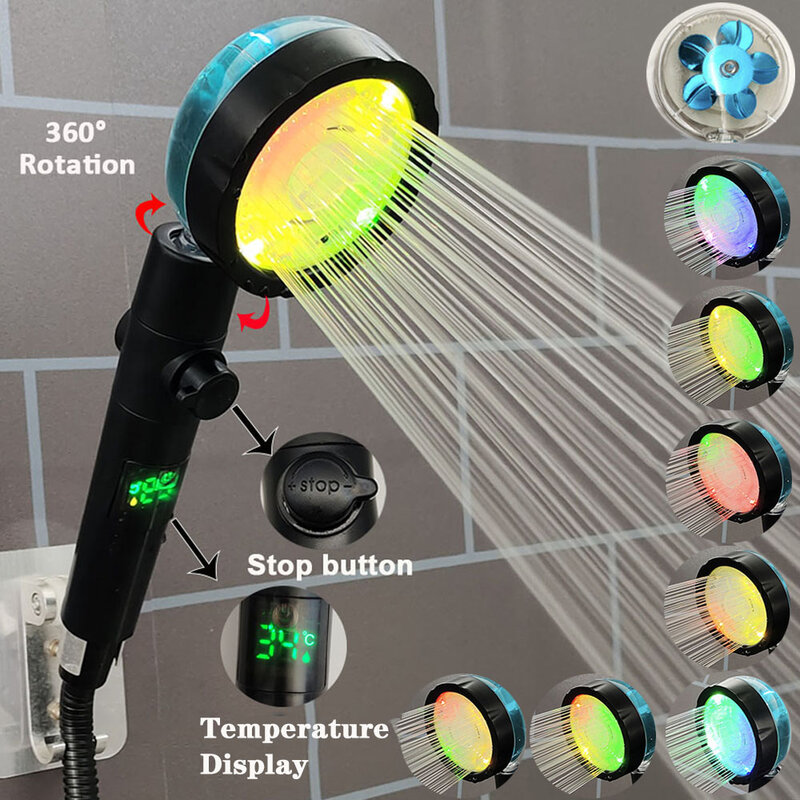 LED Digital Temperature Display Shower Head Temperature Control Colorful Fan Spray Nozzle High Pressure Rainfall Bathroom Shower