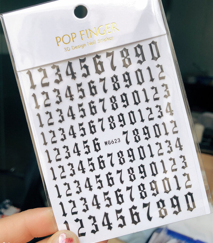 Old English Numbers Nail Art Sticker Self-Adhesive Wrap 3D Polish Supplies Retro Letter Alphabet White/Gold/Silver Nail Decals