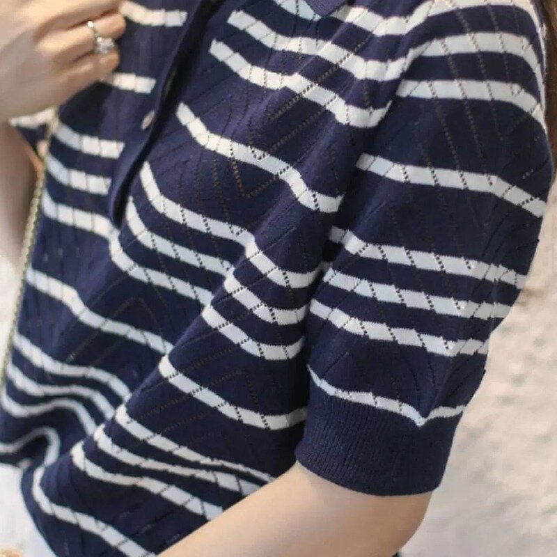 여성용 얇은 루즈 스플라이스 폴로 넥 단추, 스트라이프 대비 색상 니트 반팔 티셔츠, 캐주얼 상의, 여름 신상 패션