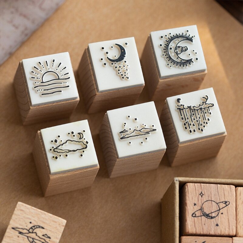 Juego sellos con forma planeta madera, 16cs, para manualidades, fabricación tarjetas, sello decorativo para