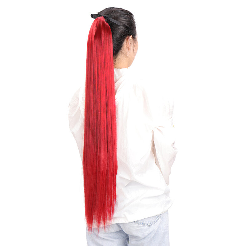 Synthetic Long Straight Red Ombre Ponytail Hairpiece Natural Fake Velcro Wrap Clip-on Ponytail Extensions Afro Ponytail