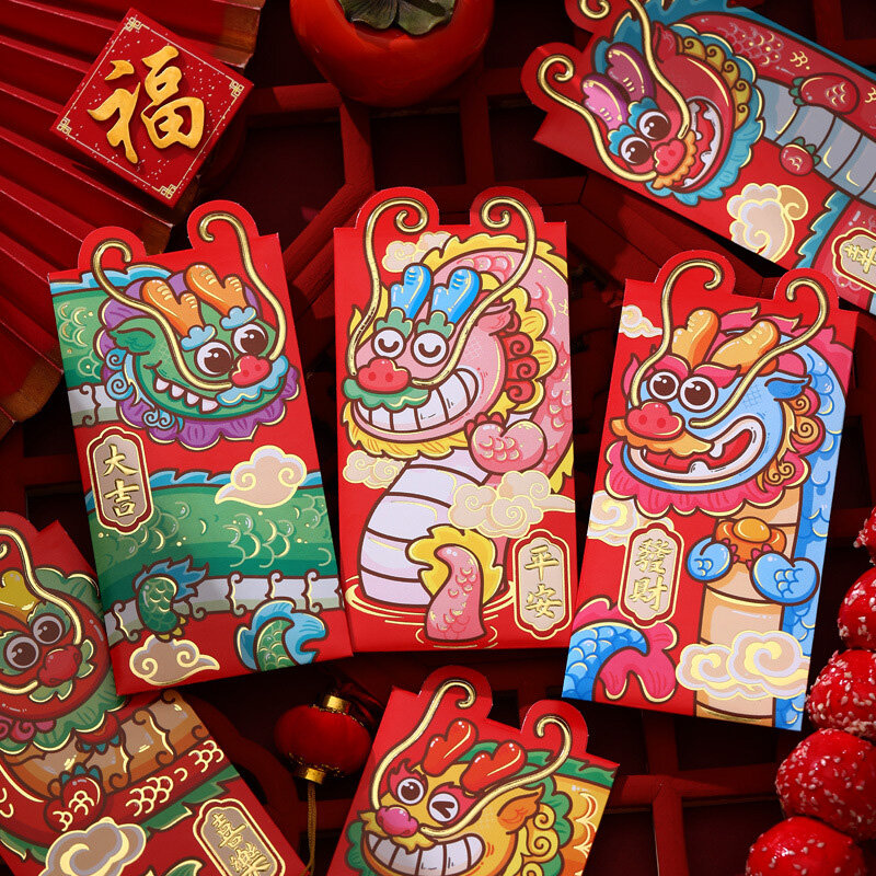 Enveloppe rouge porte-bonheur du festival du printemps chinois, motif dragon avec meilleurs vministériels x, poche d'argent pour le nouvel an, sac d'argent de mariage, 2024, 6 pièces