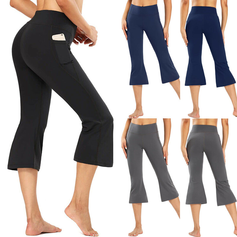 Pantalones Capris de pierna ancha para mujer, Leggings sin costuras de cintura alta para Yoga, mallas deportivas para mujer, pantalones de chándal para gimnasio y Fitness