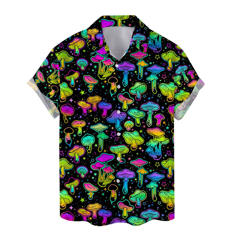 Гавайская рубашка для мужчин, красочная с 3d принтом грибов, летняя пляжная сорочка для отпуска с растениями, уличная футболка на пуговицах с коротким рукавом, Aloha