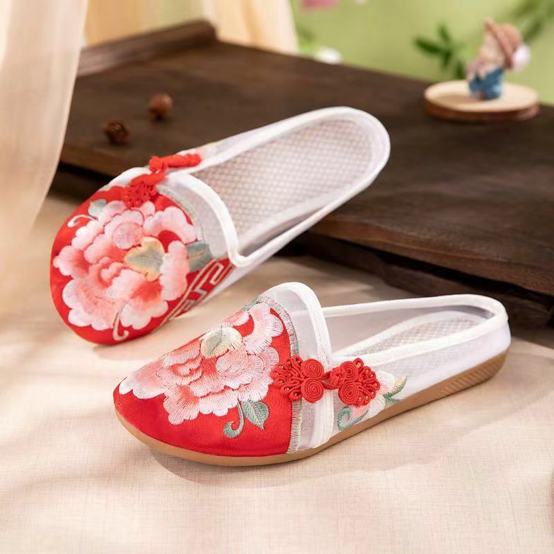 Baotou sandal jala sol datar wanita, sandal rumah bordir sol lembut anti licin musim panas untuk wanita