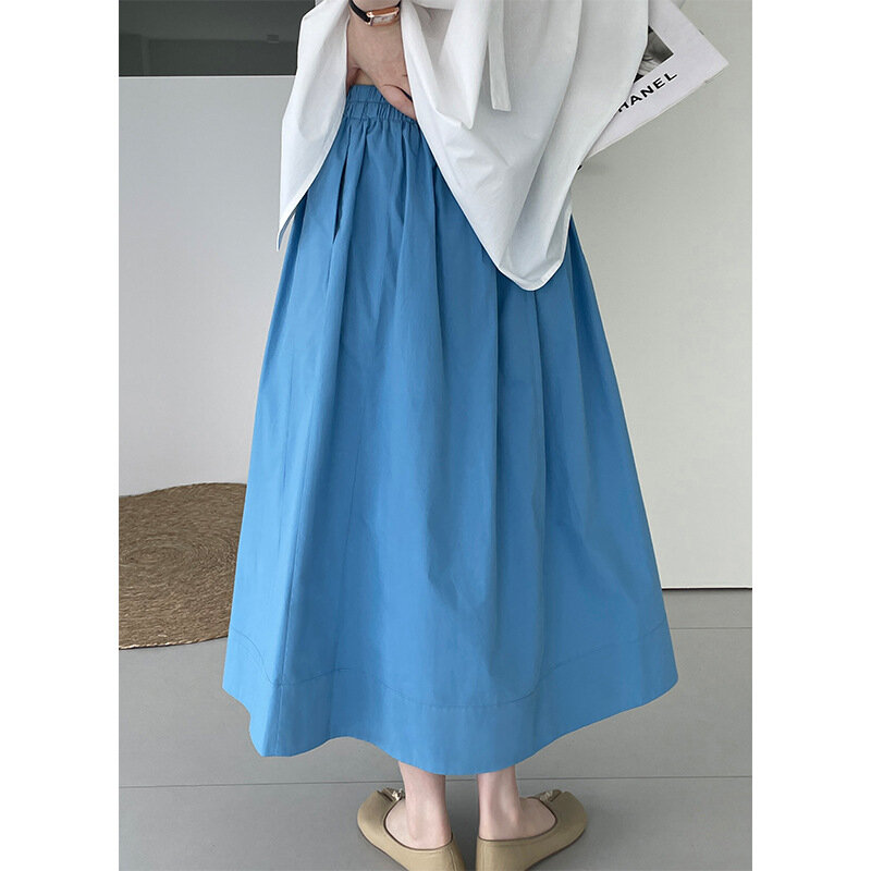 Sommer reine Baumwolle Taschen röcke hohe elastische Taille koreanische lässige A-Linie Midi Röcke