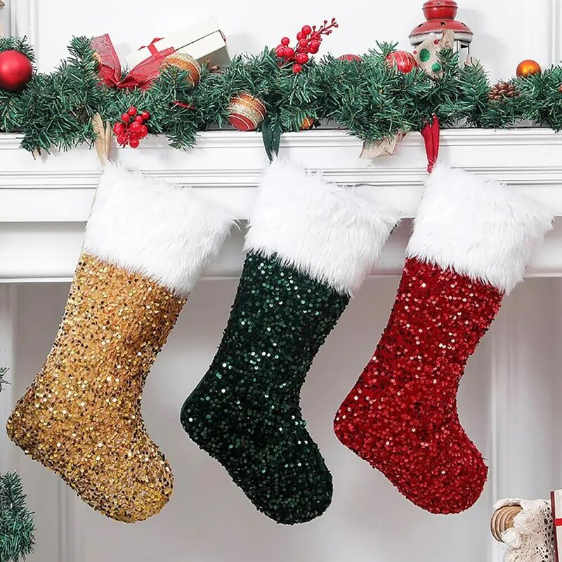 Christmas Stocking White Long Plush Sequins Bright Color Festival Prop Xmas Tree Ornament Kid Gifts Bag Pendant Xmas Decoration