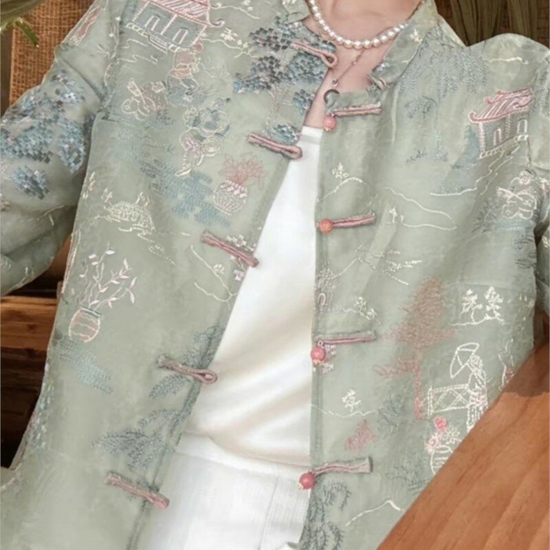 Mantel tipis gaya China, pakaian luar kardigan untuk wanita