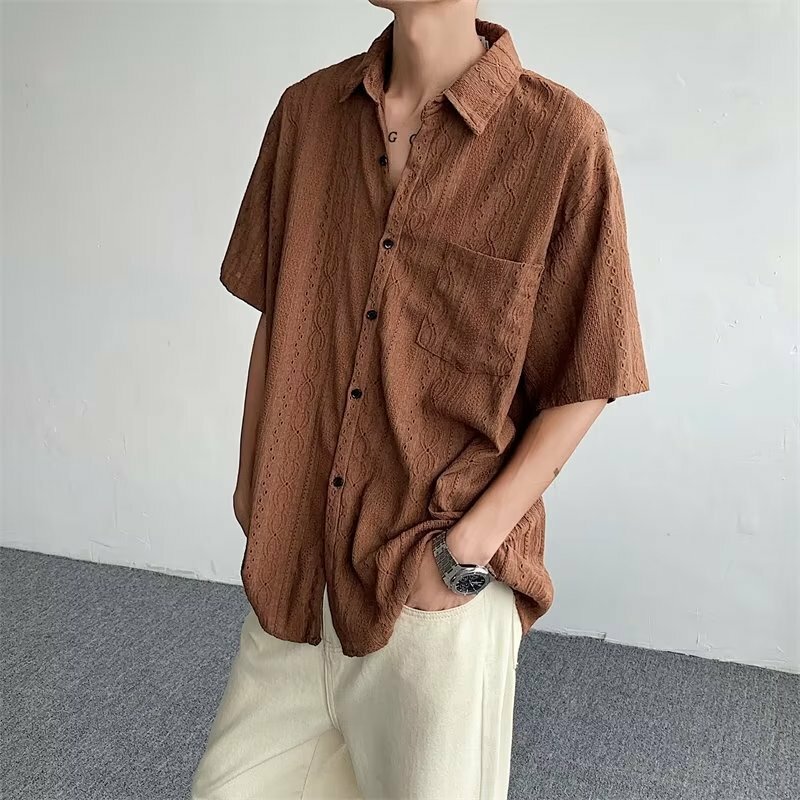 Japanese Retro Hollow Shirts for Men Summer New Short Sleeve Y2k Trendy Loose Niche Design Button Pocket Solid Color Shirt Men