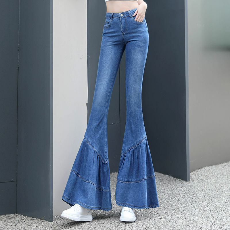 Moda coreana flare jeans para as mulheres, calças retas, cor sólida, com botão, bolsos com zíper, elegante, simples e fino, para o verão