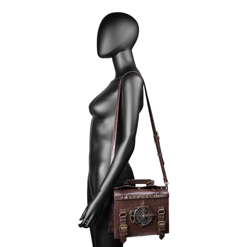 Steampunk حقيبة للنساء ، حقيبة يد Vintage ، حمل ، على مدار الساعة ، محفظة الكتف ، بولي Leather الجلود ، مربع رسول ، الجانب حقيبة كروسبودي ، حقيبة