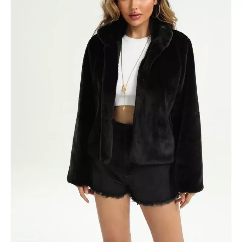 Jaqueta feminina de pelúcia peluche do velo, outwear quente de inverno, estilo curto, casaco de lã de cordeiro