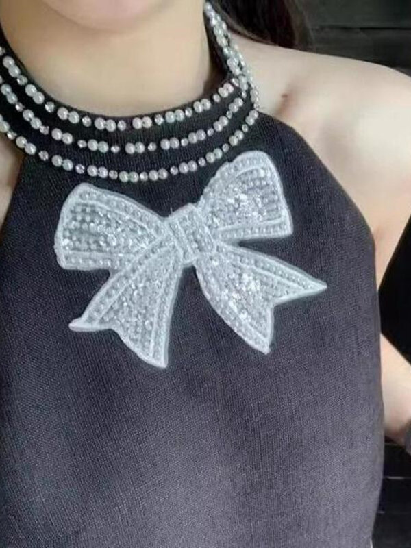 UCXQ 여성용 우아한 활 다이아몬드 넥 행잉 민소매 탑 스커트 투피스 세트, 한국 스타일 패션, 여름 A8584, 2024 신상 용수철