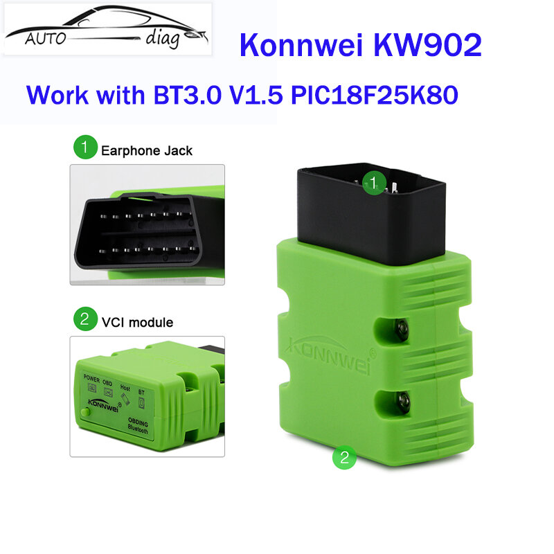 جديد Konnwei KW902 ELM327 V1.5 PIC18F25K80 بلوتوث OBD2 الماسح الضوئي الكامل OBD2 بروتوكولات العمل كما ICAR2 محول OBDII أداة تشخيصية