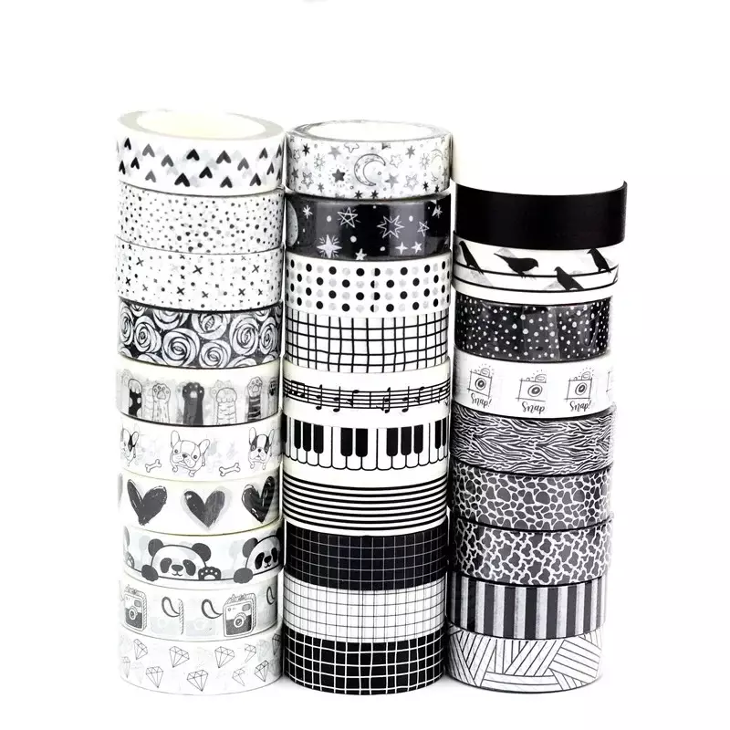 Ensemble de rubans adhésifs décoratifs japonais Washi, noir et blanc, bricolage, journalisation, masquage de la lune, papeterie mignonne, nouveau, 1PC, 10M