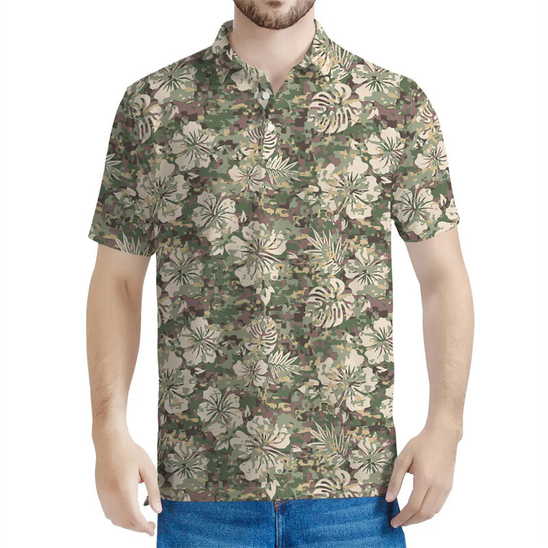 Гавайская камуфляжная рубашка-поло с цветочным принтом, мужские камуфляжные футболки с 3D принтом, уличная спортивная рубашка-поло на пуговицах, с лацканами и короткими рукавами