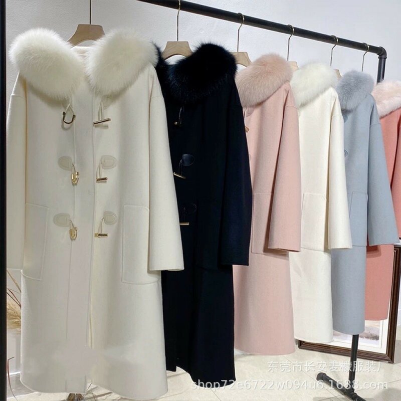 Женское шерстяное пальто с пушистым капюшоном, осенне-зимнее повседневное однотонное Свободное пальто с длинным рукавом, Женская шикарная верхняя одежда