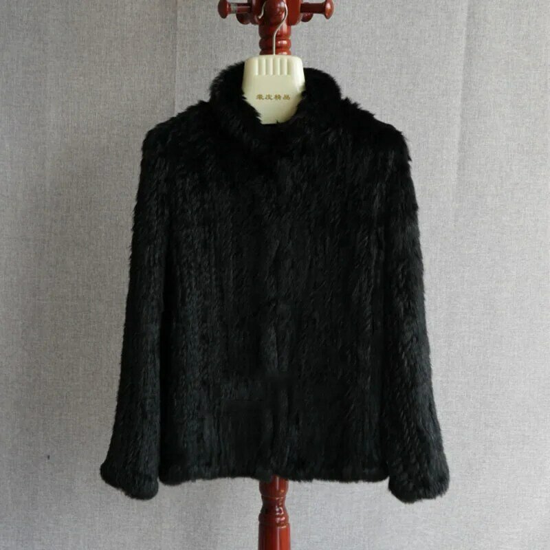 Casaco de malha de pele de coelho real feminino, manga longa casual, jaqueta de pele genuína, roupas quentes e grossas femininas, inverno