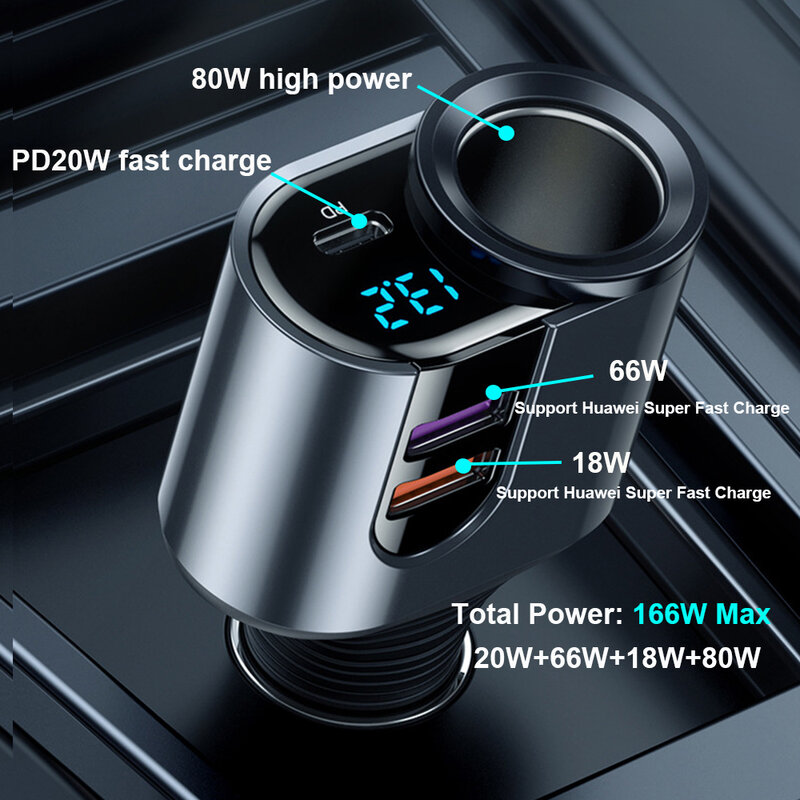 166W Car Charger Cigarette Socket Super Fast Charge 66W Type-C PD20W USB Quick Charge3.0 18W For HUAWEI IPhone Samsung OPPO Vivo