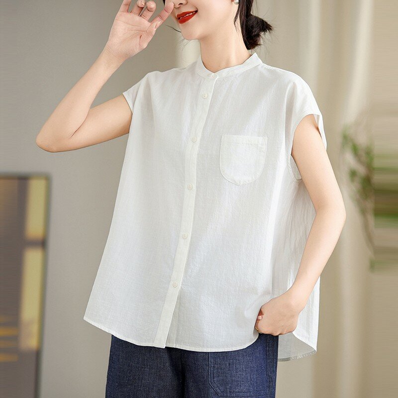 Женская свободная рубашка без рукавов, повседневная Однотонная рубашка из 100% хлопка с круглым вырезом в винтажном стиле, модель B3703 на лето, 2024