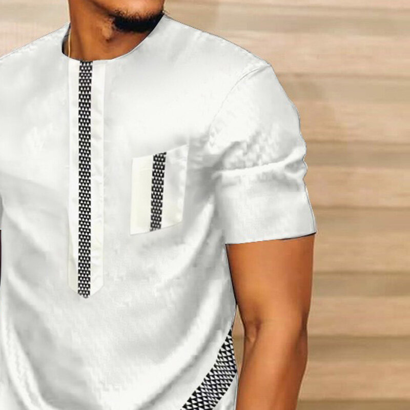 Camisa branca tradicional estampada para homens, manga curta, tops dashiki, streetwear masculino, roupas casuais africanas, camisetas longas, 2023