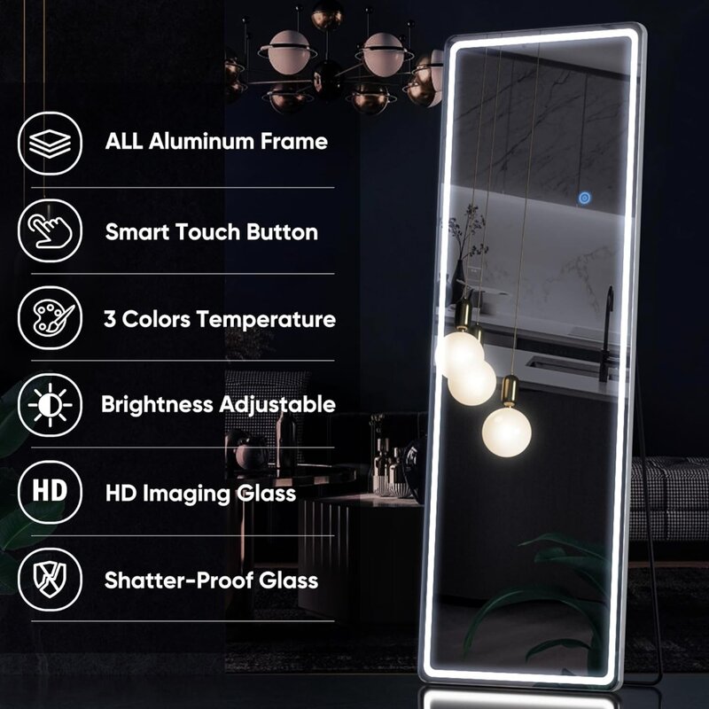 Specchio a figura intera a LED, specchio a LED da pavimento illuminato da 60 "x 16" a figura intera, specchio appeso a parete con supporto gratuito