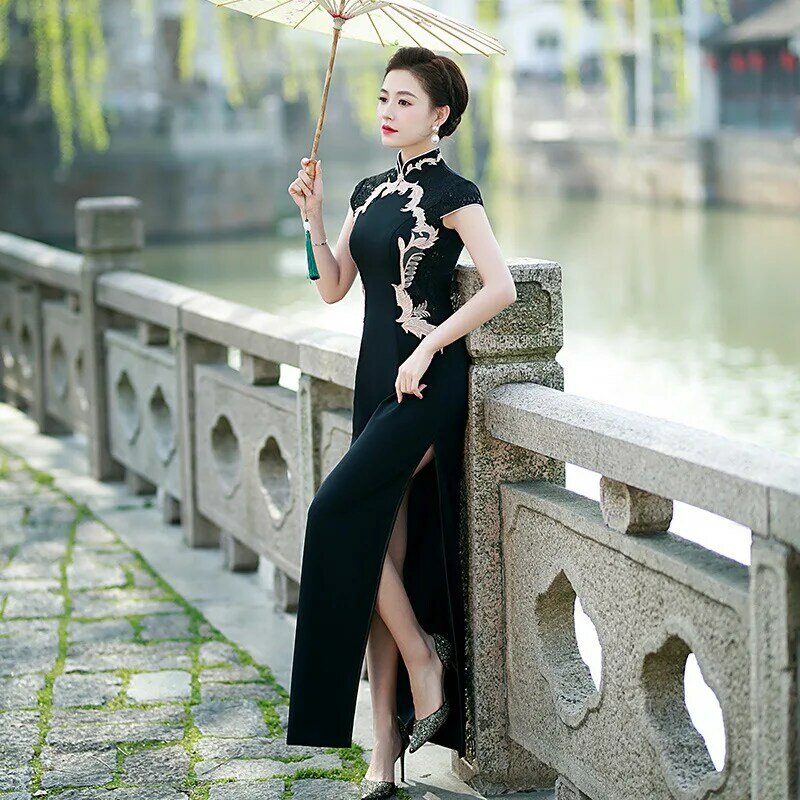 女性の半袖刺embroideredチャイナドレス、サテンイブニングドレス、プロムパーティードレス、中国の伝統的なヴィンテージ、高分割