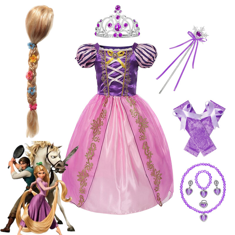 Gaun Cosplay Putri Disney Rapunzel Gaun Pesta Halloween Anak Perempuan Hadiah Natal Ulang Tahun Anak-anak Gaun Rapunzel Klasik Vestido