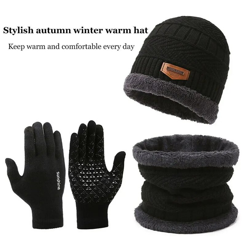 Topi rajut untuk pria dan wanita, beanie tengkorak hangat musim gugur musim dingin, Set tiga potong