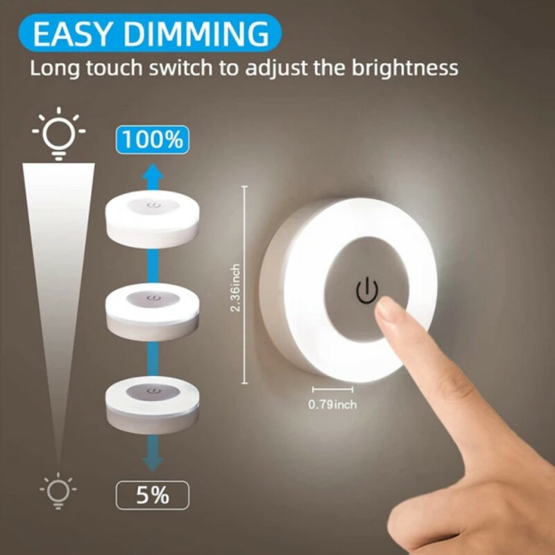 2024 New Dimming Night Lamp USB Rechargeable Mini LED Touch Sensor Night Lights Kitchen Bedroom Magnetic Base Wall Light Round