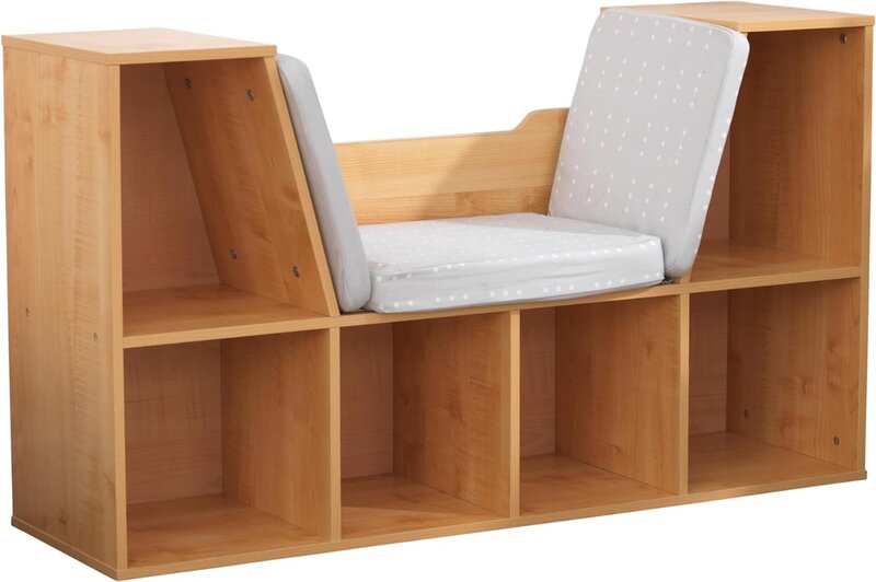 خزانة كتب خشبية KidKraft مع زاوية قراءة ، تخزين ، وسادة رمادية ، طبيعية