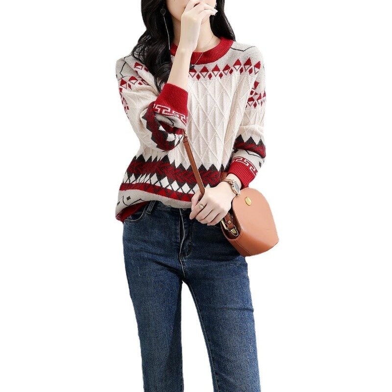 Etniczny sweter z dzianiny damski luźno dopasowane sweter diamentowy Retro okrągły dekolt sweter z długimi rękawami