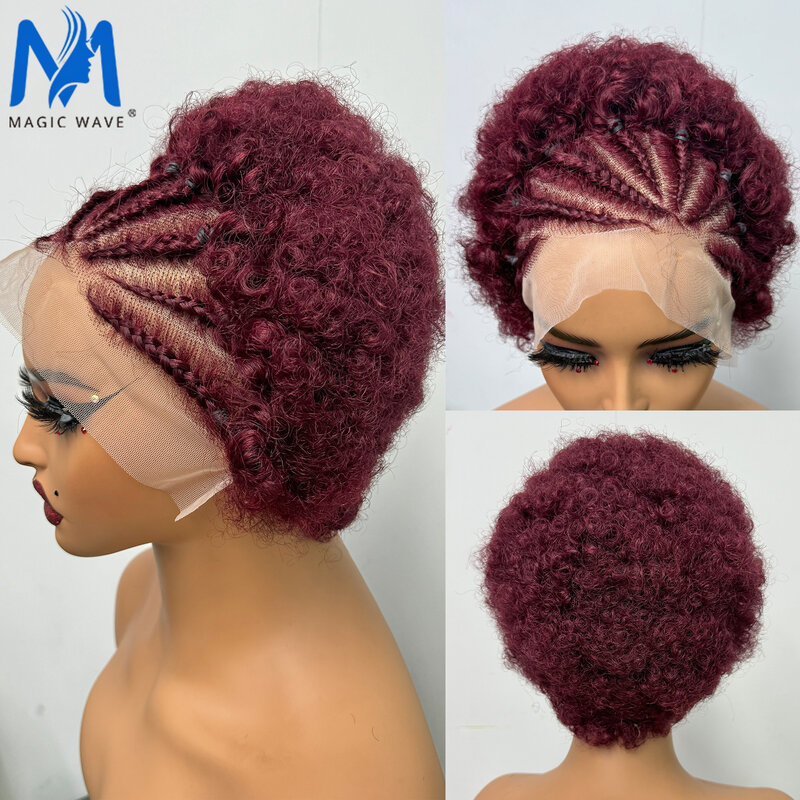 99J Burgund-Peluca de cabello humano rizado para mujeres negras, pelo Afro hinchable con trenzas, 13x4, encaje Frontal, 100% brasileño, Remy