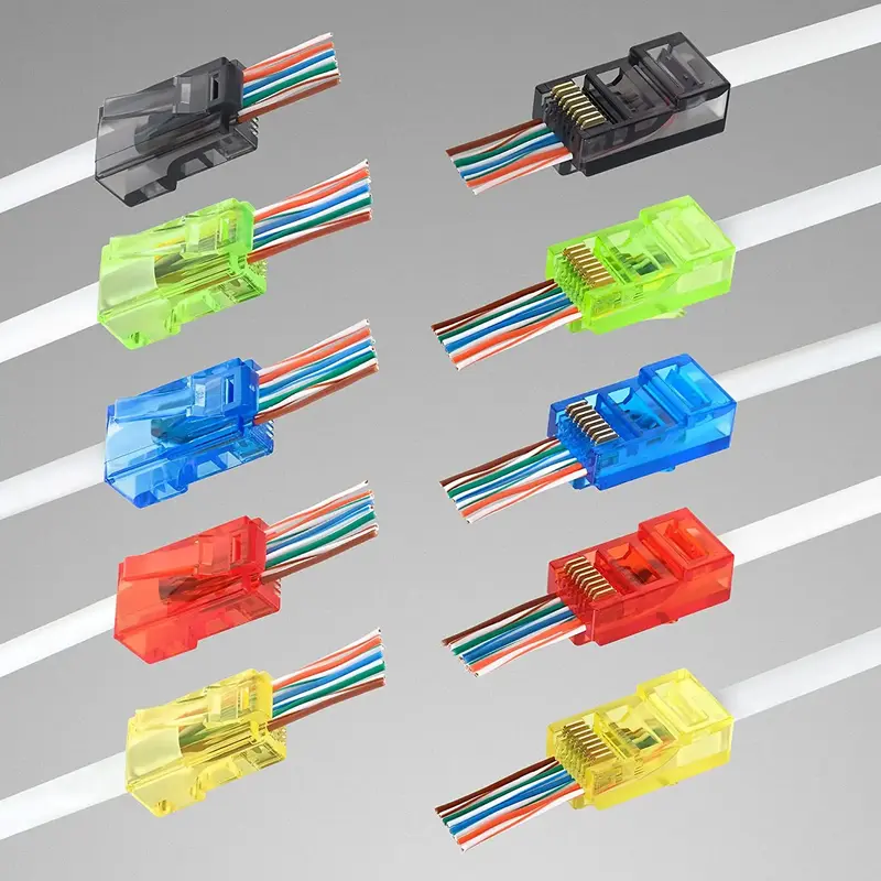 WoeoW 100PC RJ45 Cat6 Pass Through Connectors, Assorted Colors, EZ to Crimp Modular Plug for Solid or Stranded UTP Network Cable