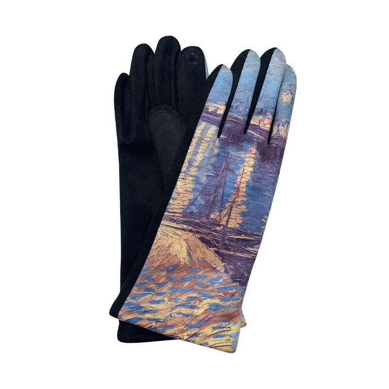 Fashion Oil Painting Printing Luxury Brand Gloves Women Autumn Winter Full Finger Outdoor Warm Driving Gloves Female Mittens